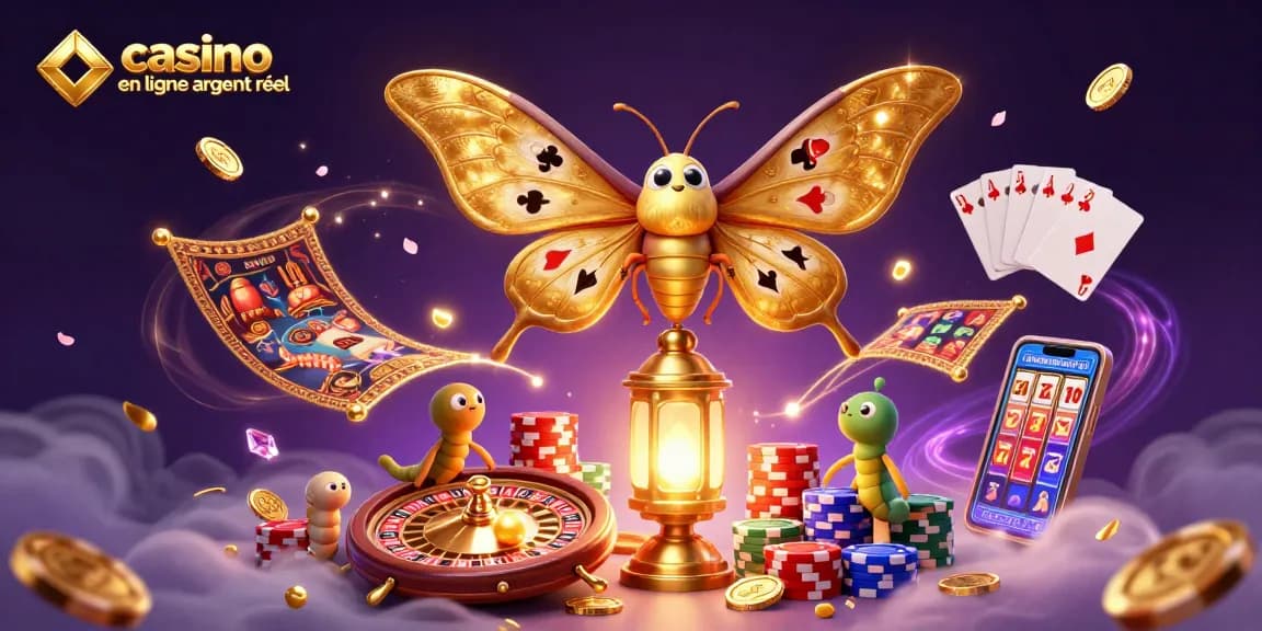 Illustre le jeu casino en ligne argent réel avec un papillon atlas et des pièces d'or scintillantes.