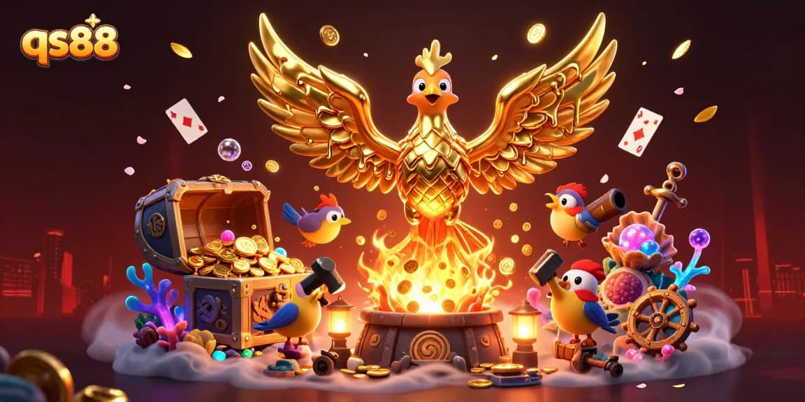 Experience thrilling gaming excitement with qs88 as golden phoenix and energetic sparrow, amidst dazzling casino elements.