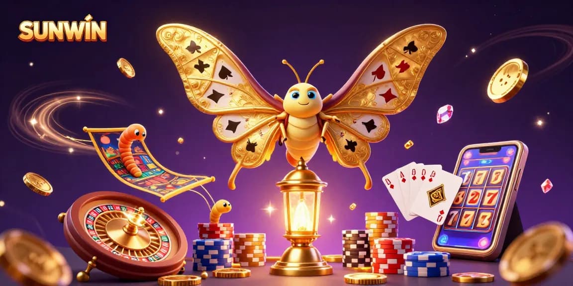 SUNWIN engages players with vibrant casino scenes illustrated by a golden moth and dynamic gaming elements.