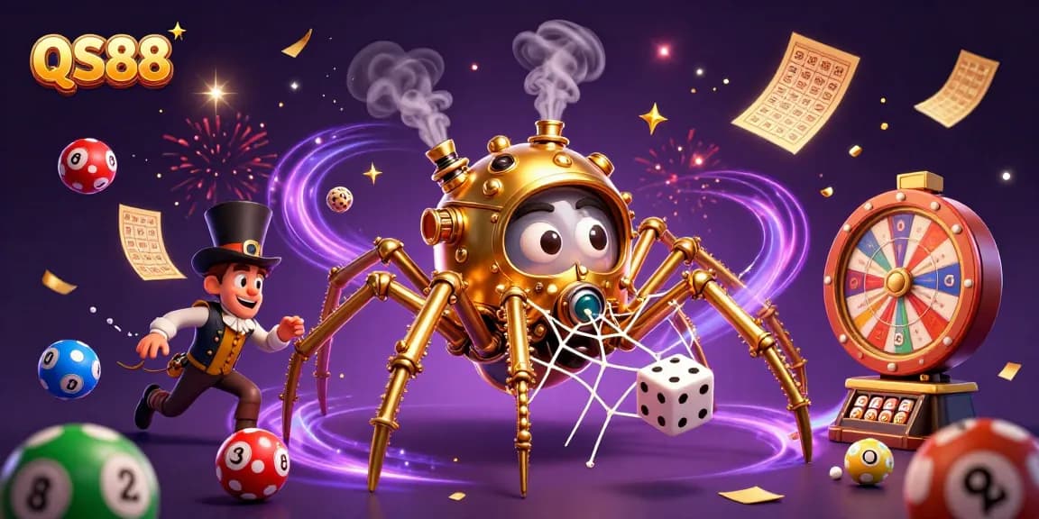 Experience thrilling gameplay at QS88 with an excited steampunk spider capturing dice in a dynamic casino scene.