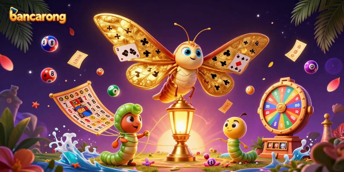 Bancarong showcases a vibrant 3D casino scene featuring a golden atlas moth and lottery elements.