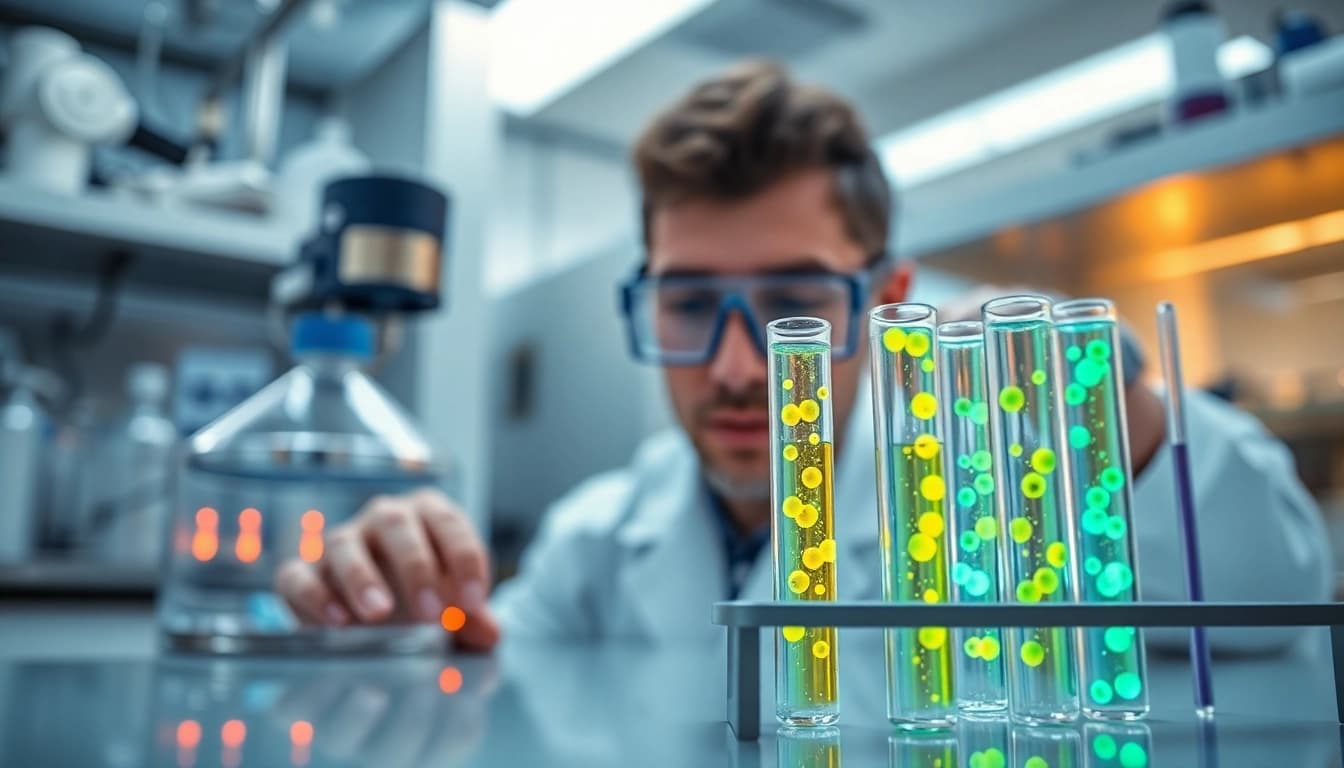 Explore how glow peptide usa is analyzed in a modern lab setting, showcasing vibrant colors and bright lighting.