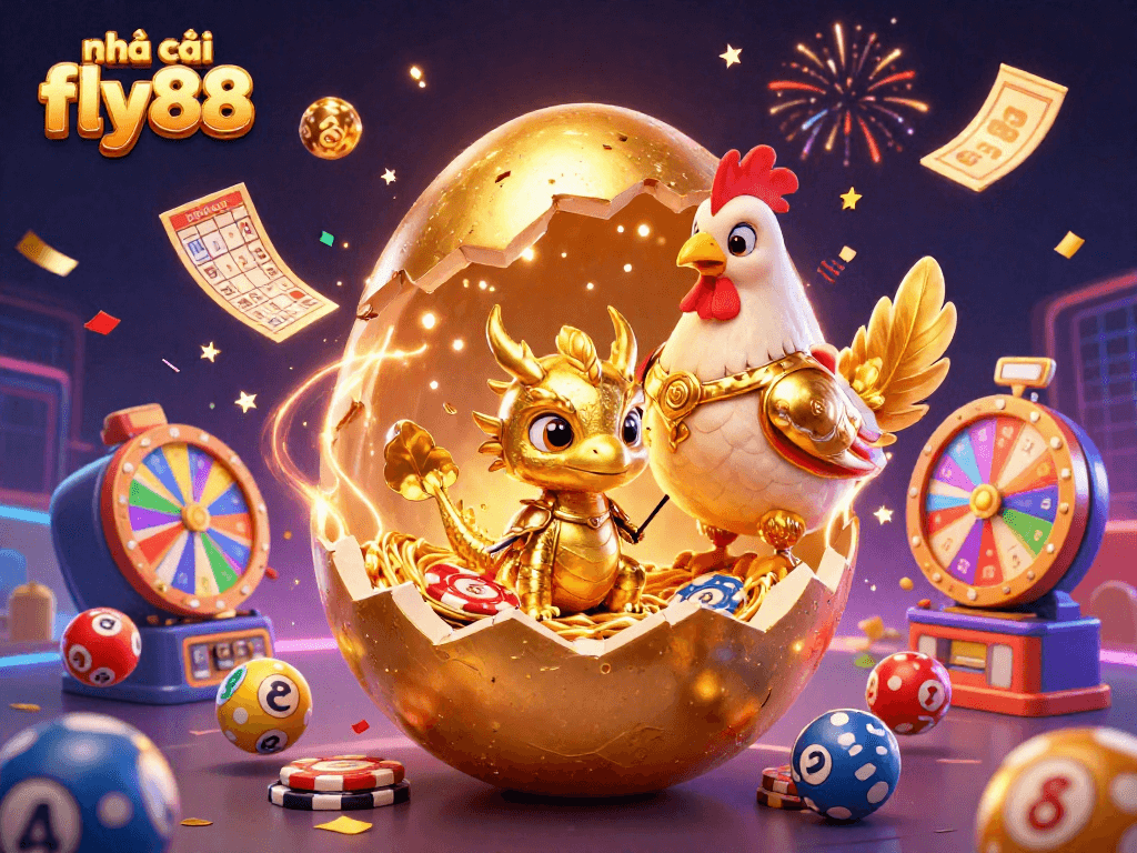 Experience the excitement of nhà cái fly88 with a golden dragon, poker chips, and vibrant lottery elements!