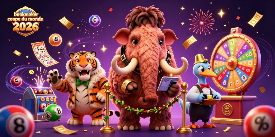 Parier facilement avec bookmaker Coupe du Monde 2026 lors d'une illustration dynamique avec des personnages animés et des effets d'argent.