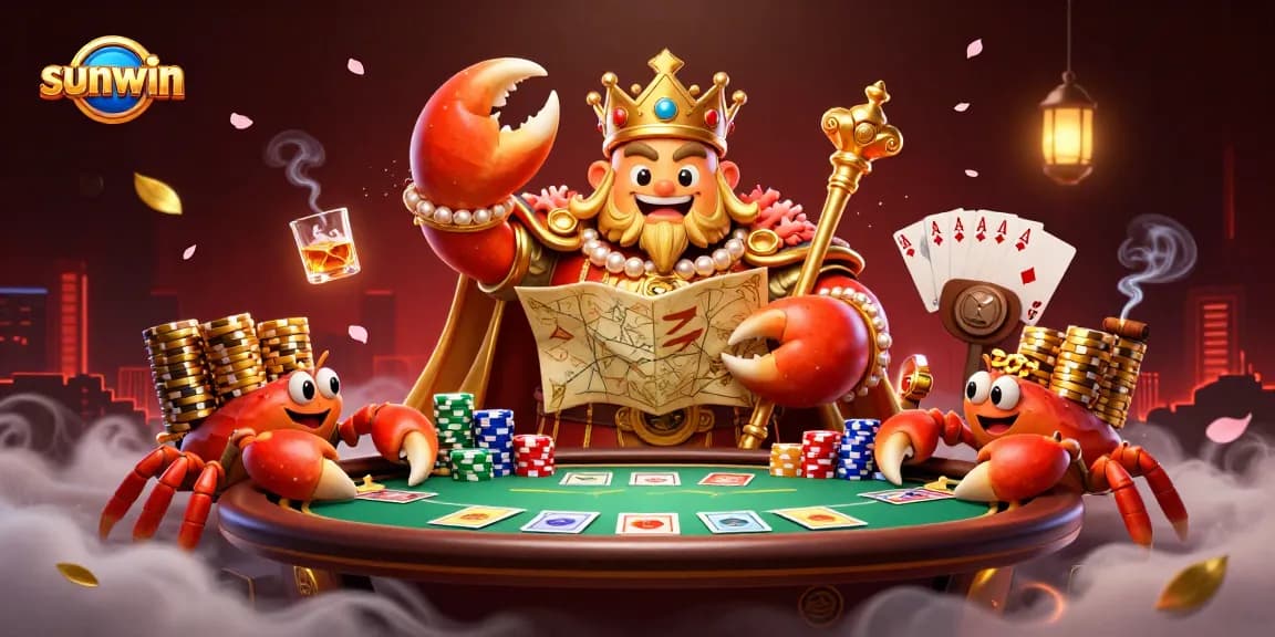 Join sunwin's golden crab emperor in a vibrant poker scene filled with colorful chips and cards.