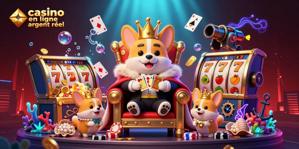 Découvrez une scène captivante du casino en ligne argent réel avec un corgi royal et des jetons de poker.