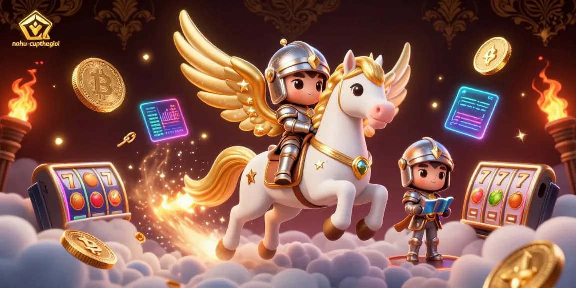 Engage with nohu-cupthegioi in a vibrant 3D casino illustration showcasing slot reels and blockchain elements.