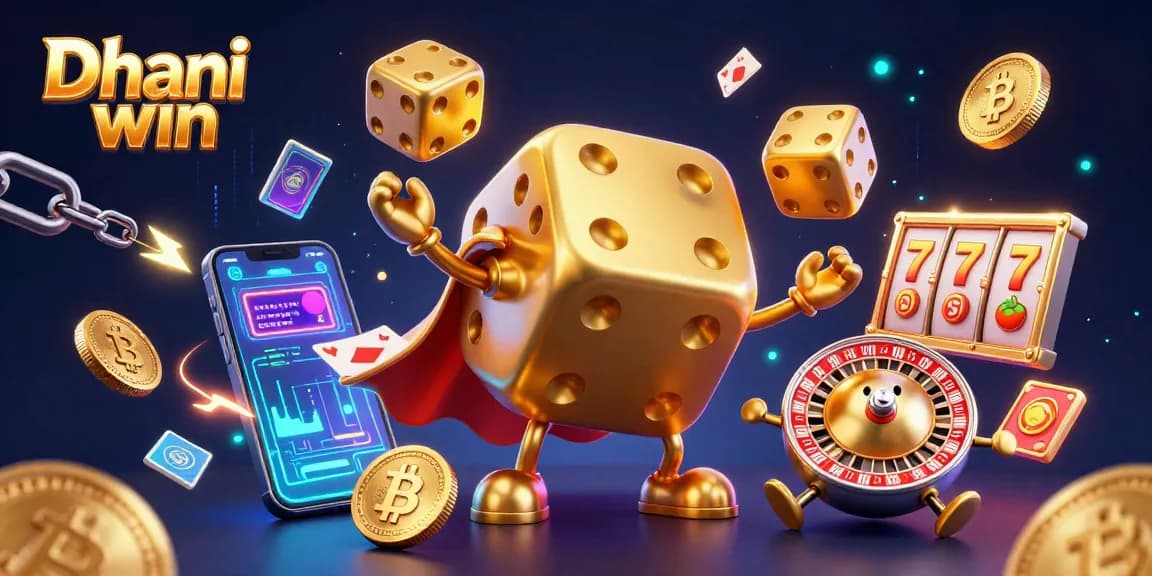Dhani win platform showcasing immersive gaming with golden dice golem and crypto-themed elements.
