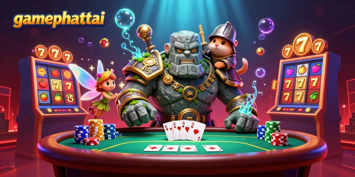 Engage with gamephattai's vibrant 3D illustration featuring a golem guardian, fairy, and hamster knight amidst thrilling casino elements.
