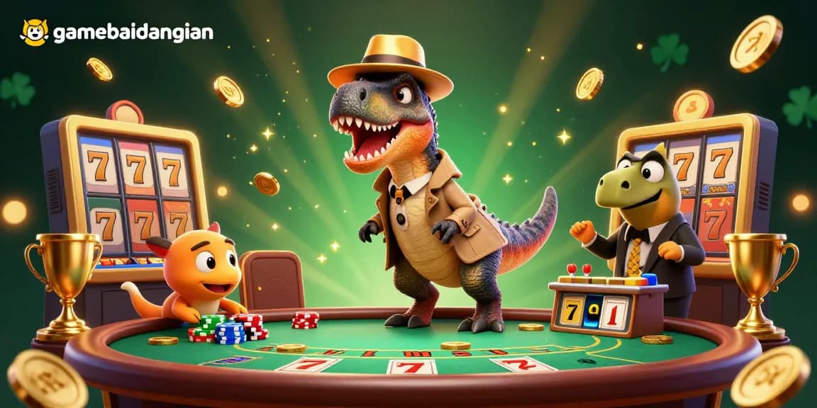 Experience the excitement of gamebaidangian with a playful velociraptor at a blackjack table and engaging casino elements.