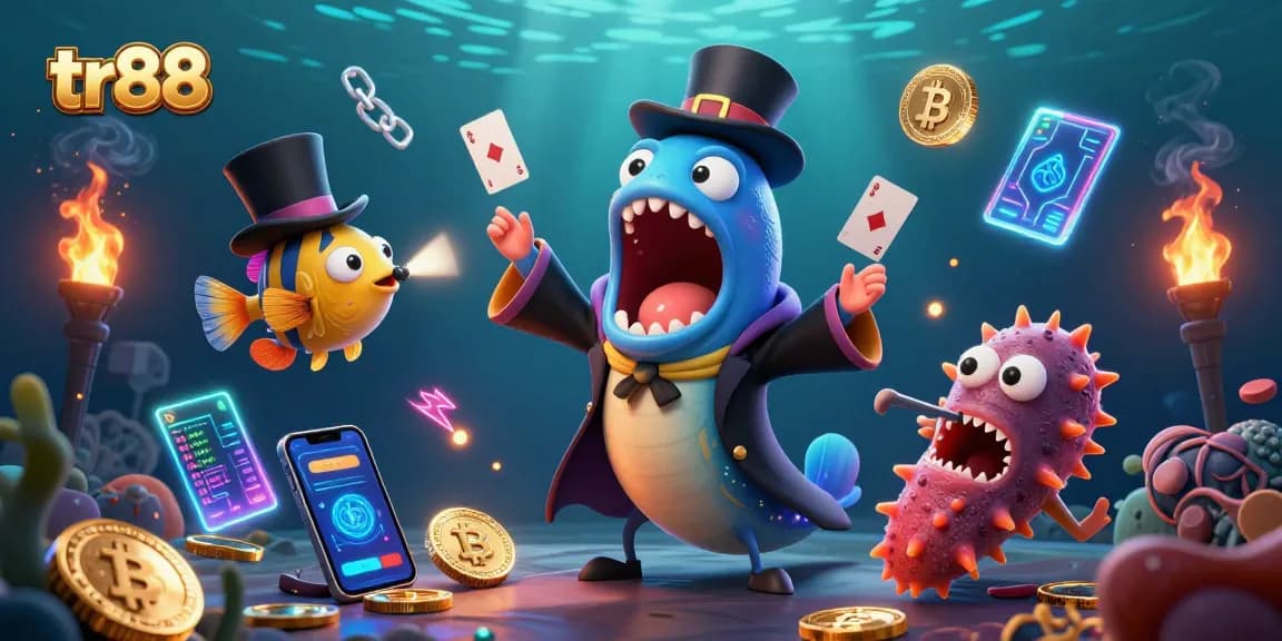 Experience the excitement at TR88 with a colorful underwater 3D casino scene featuring vibrant characters and neon coins.