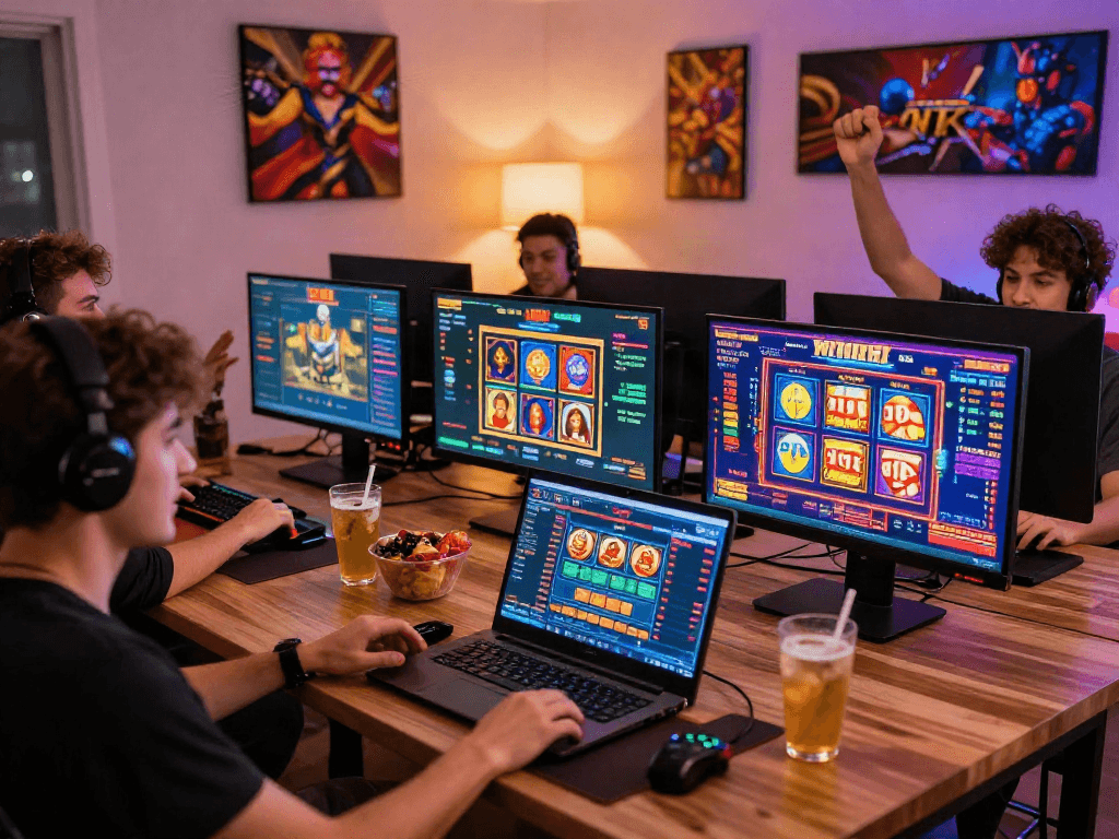 situs gacor gaming scene with enthusiastic players enjoying live online games in vibrant home environment