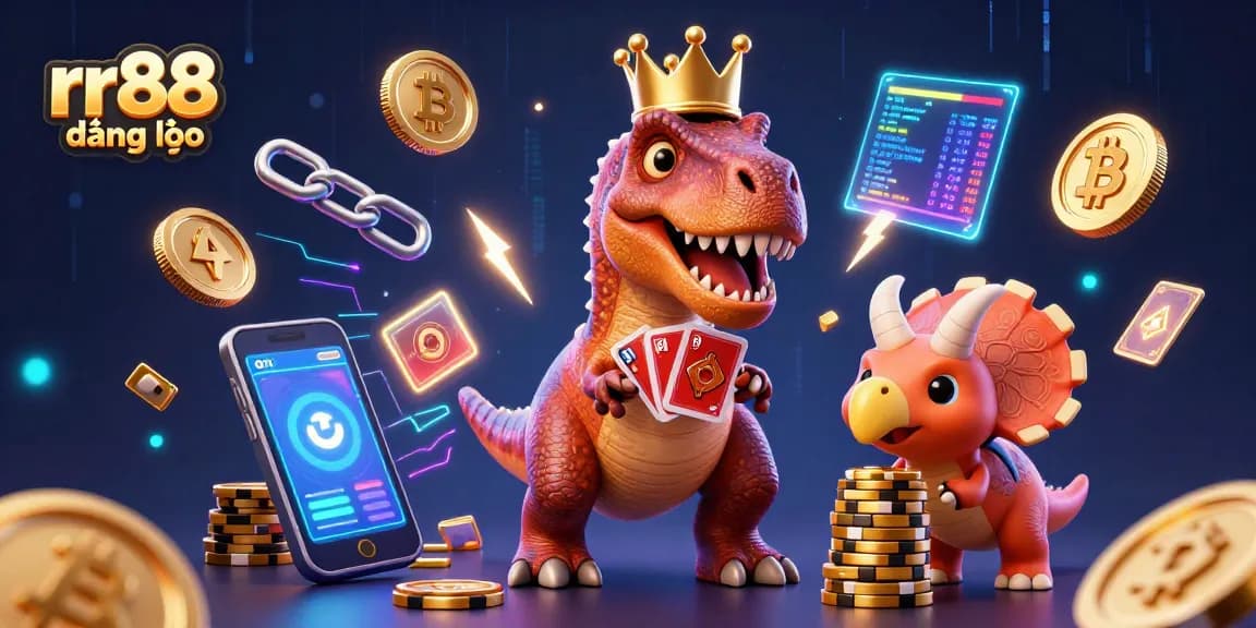 Engage with rr88 đăng nhập and see a T-Rex shuffling cards in a vibrant casino scene.