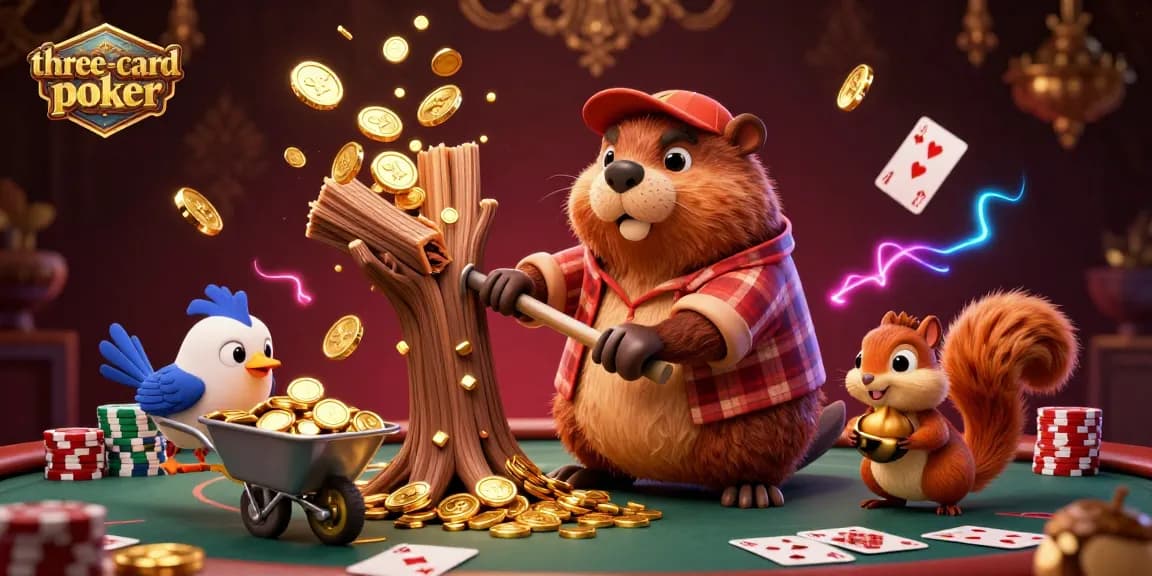 Experience the excitement of three-card-poker with a lively beaver character, gold coins raining down, and poker elements.