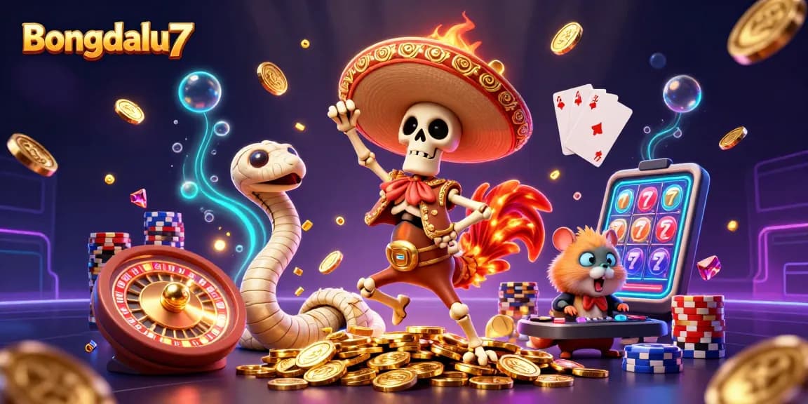 Bongdalu7 showcases an exciting victory dance featuring a skeleton mariachi rooster amidst dynamic casino elements.
