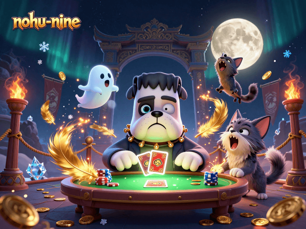 Engage in nohu-nine gameplay featuring a whimsical 3D scene of colorful characters around a casino table.