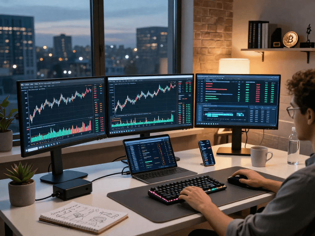 在metatrader 5 官网的现代化金融交易工作台，配备多屏监控、加密货币图标及图表。