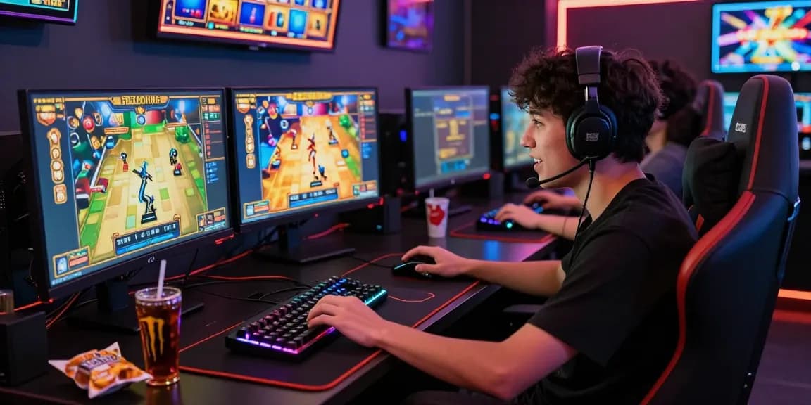 Player engaged in slot Zeus gaming on multiple monitors with vibrant graphics and gaming accessories.