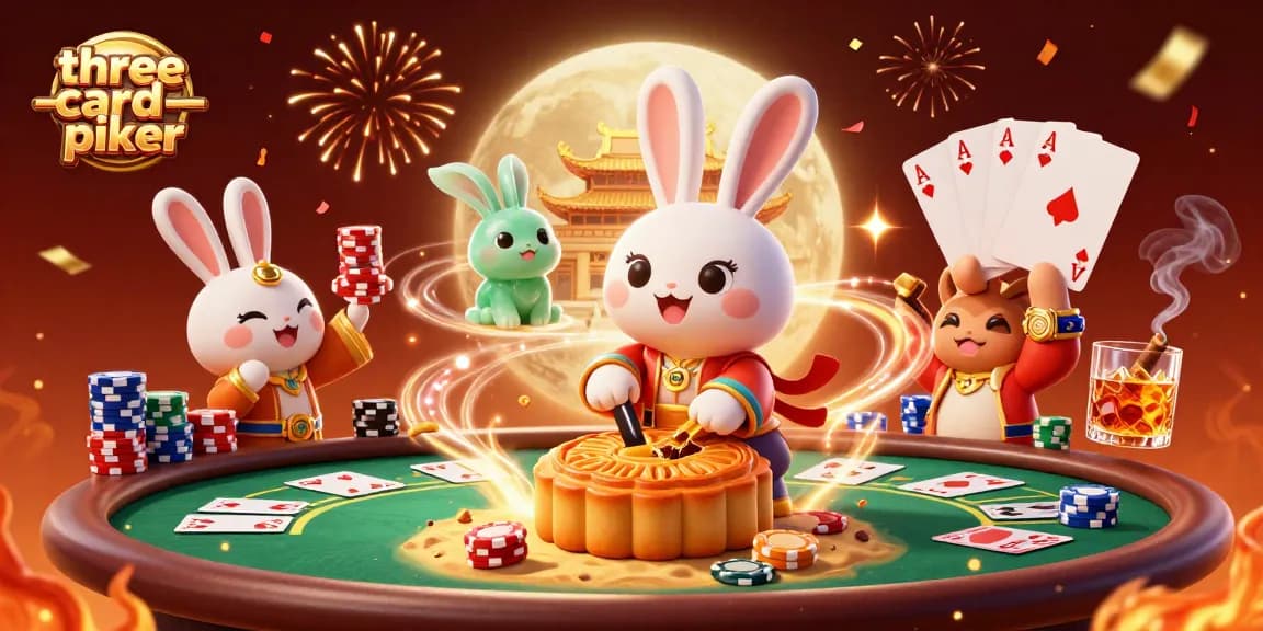 Engage in three-card-poker with a vibrant 3D scene featuring exciting gameplay elements and characters.