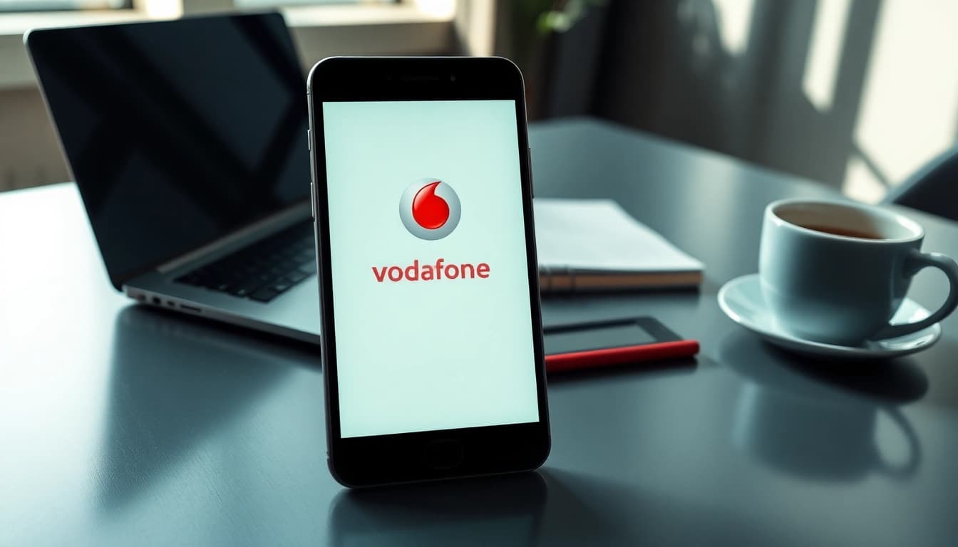 Compare Vodafone vs O2 business mobile plans showcased in a sleek office environment.