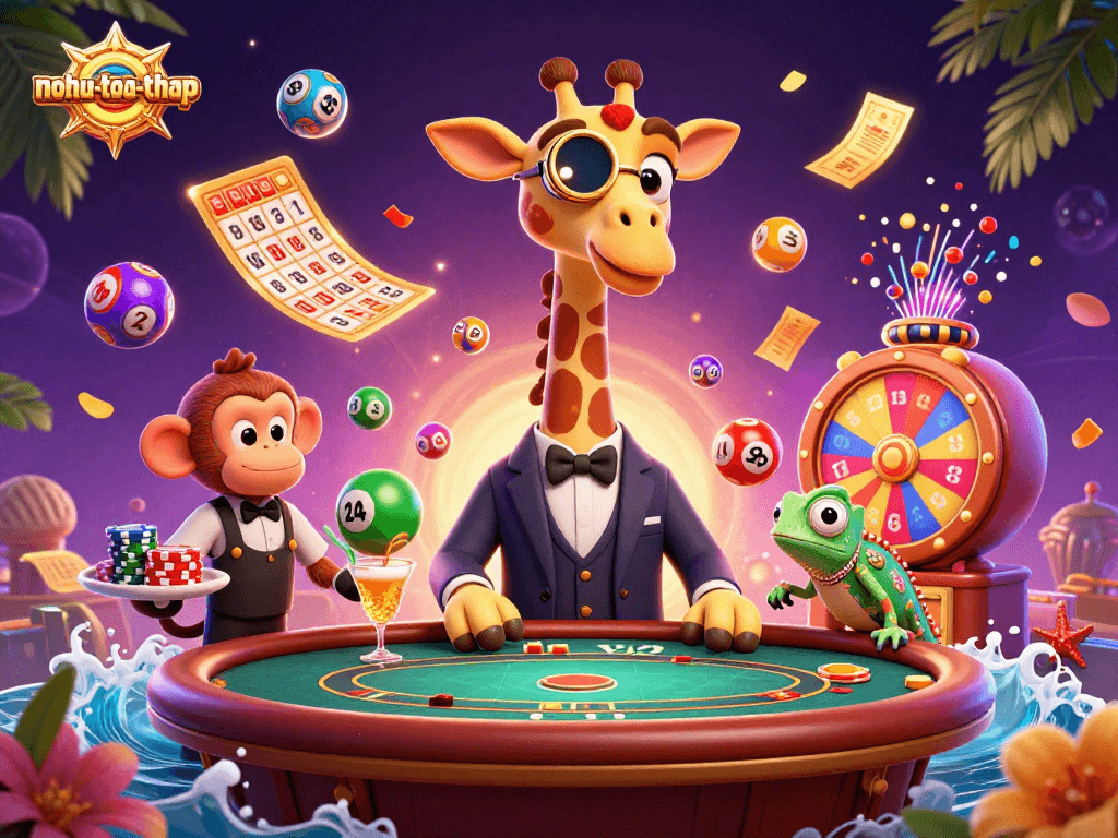 Experience the thrill of nohu-toa-thap with a vibrant casino scene featuring a high-roller giraffe and dynamic game elements.
