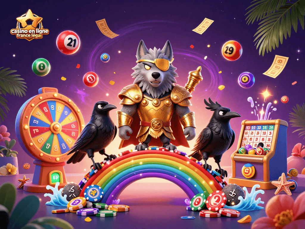 Illustration de casino en ligne France légal mettant en avant un loup inspiré de la mythologie nordique devant un pont en jetons de casino.