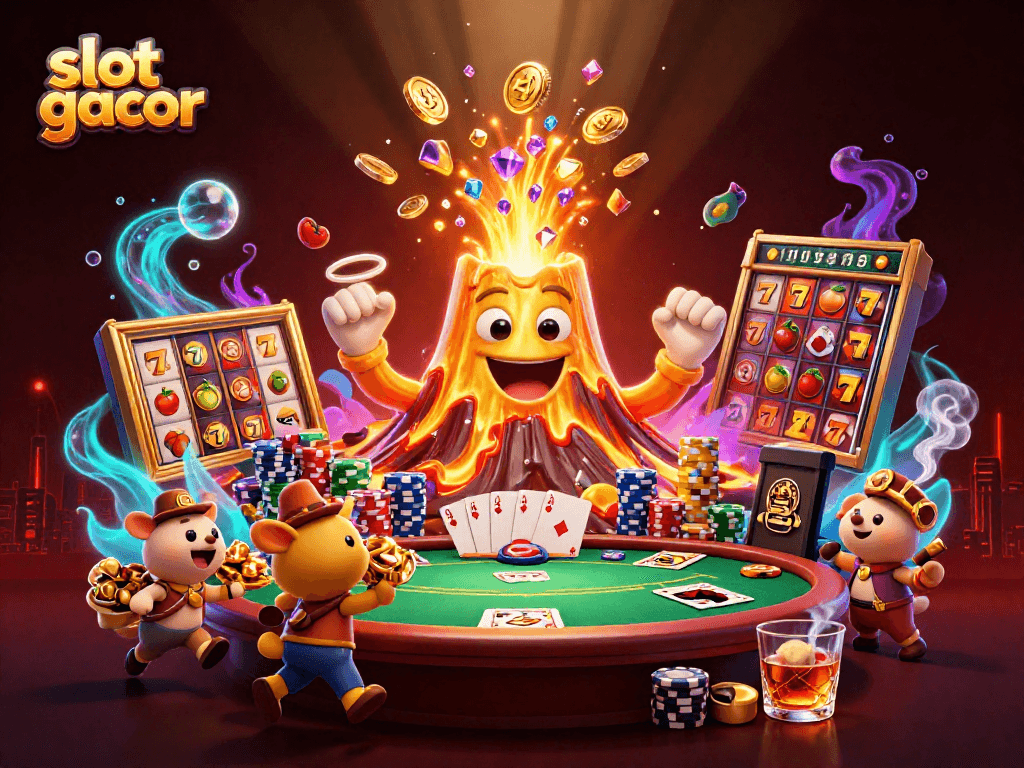 Experience the excitement of slot gacor with a dynamic volcano spewing treasure amidst poker elements.