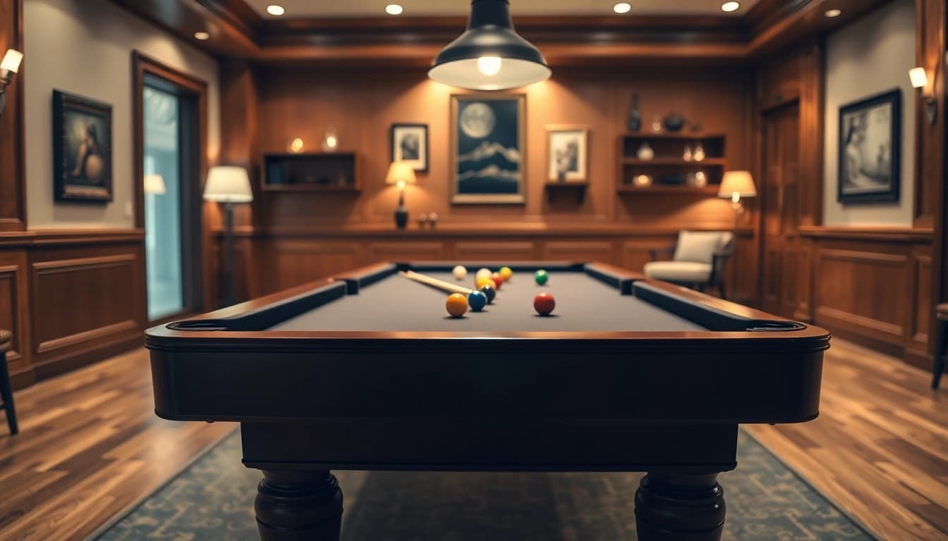 Buy Pool Tables in a relaxing game room setting with warm lighting and polished surfaces.