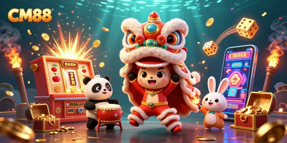 Experience the excitement of CM88's virtual casino with a lively lion dance and jackpot symbols.