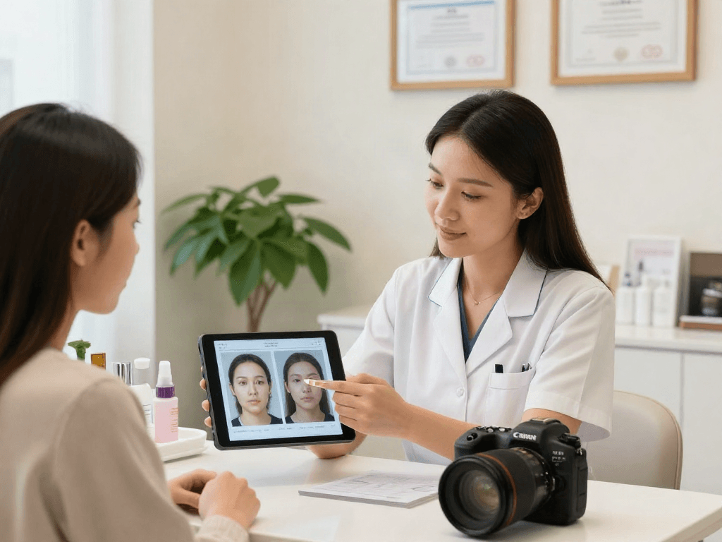 Engaging consultation during ClinicEvo vs QOVES facial analysis in a modern clinic setting.