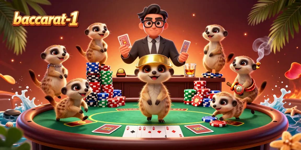 Experience the excitement of baccarat-1 with meerkats hustling in a vibrant casino scene.