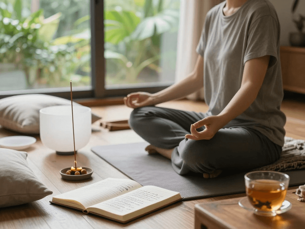 Mindfulness practice featuring mantra88 meditation elements in a tranquil setting.