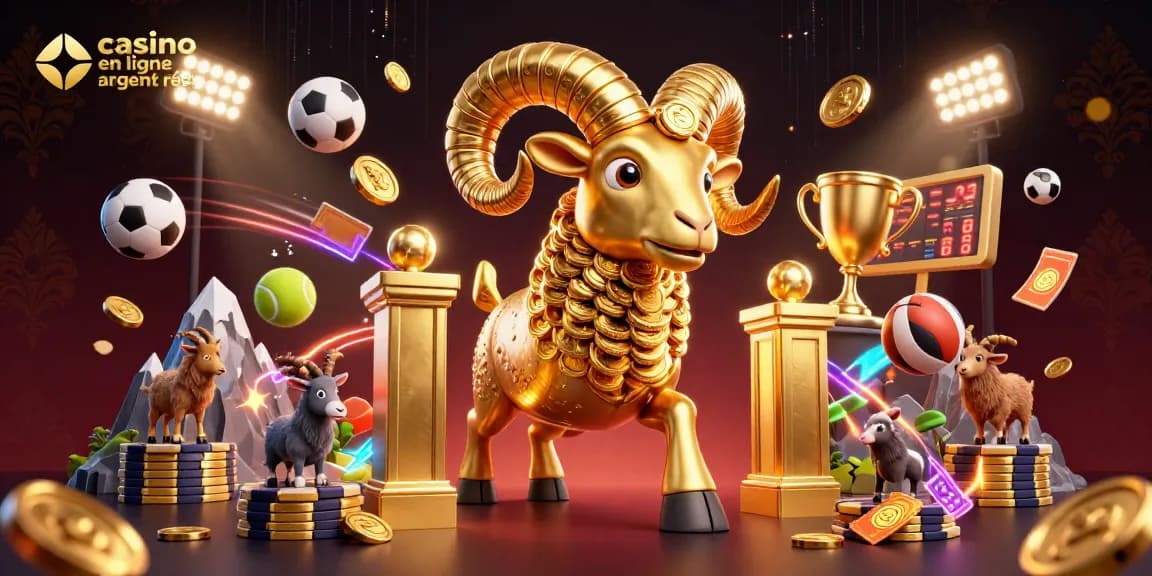 Plongez dans l'univers du casino en ligne argent réel avec un bélier doré dynamique au milieu d'éléments de sport et de paris.