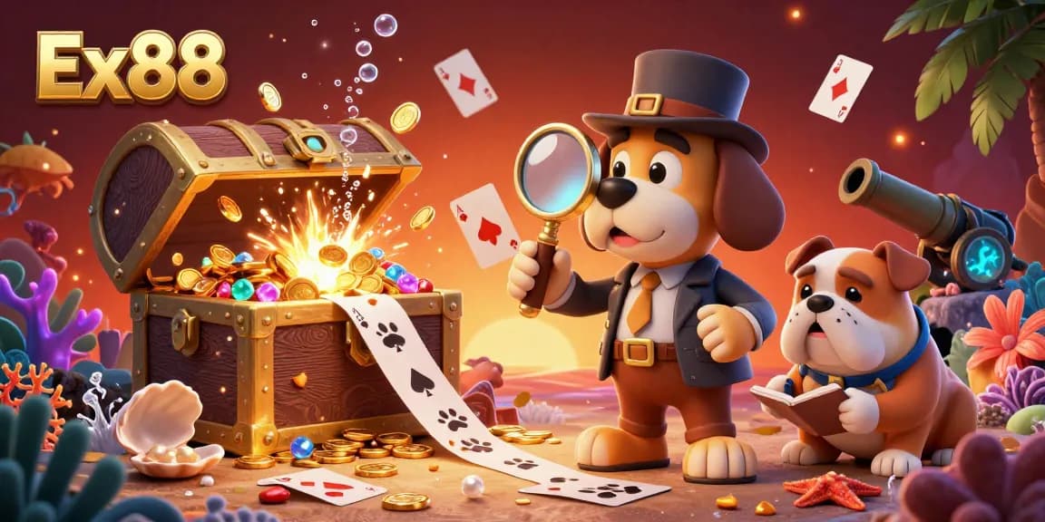 Engage with Ex88's thrilling treasure-hunting adventure featuring a detective and his companion amidst a sea of vibrant casino elements.