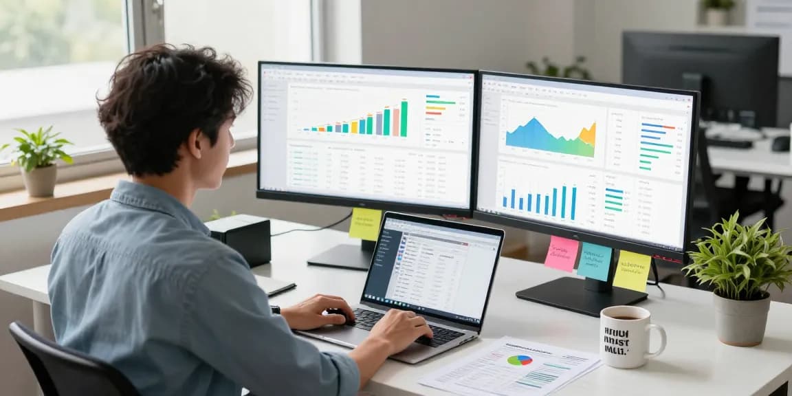 Digital marketer analyzing traffic data on monitors at https://www.www456bd.com/ with a bright workspace.
