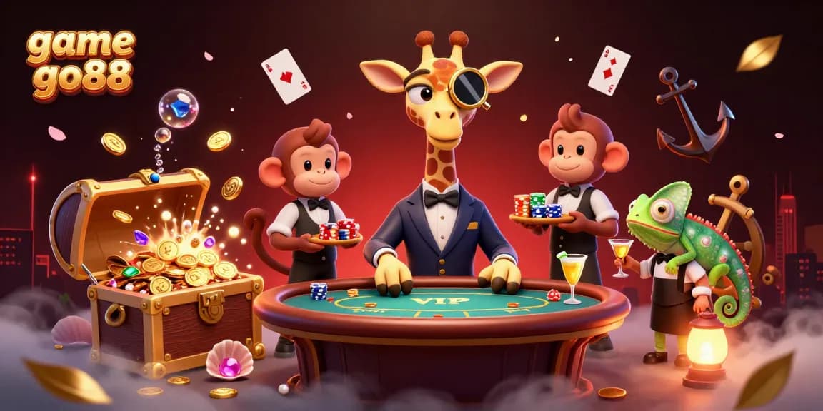 Engage with game go88 in this vibrant 3D casino scene featuring a giraffe at a poker table.