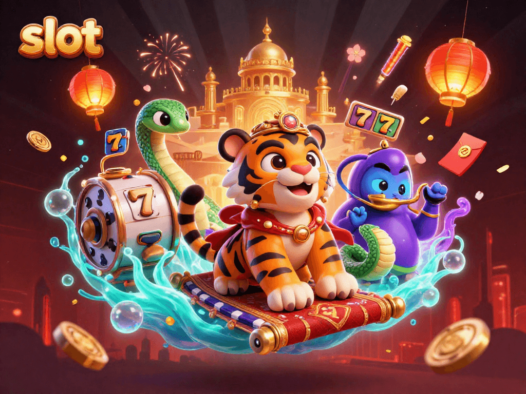 Engage in exciting slot action with a cartoon Arabian Nights tiger sultan, jackpot elements, and glowing festive symbols.