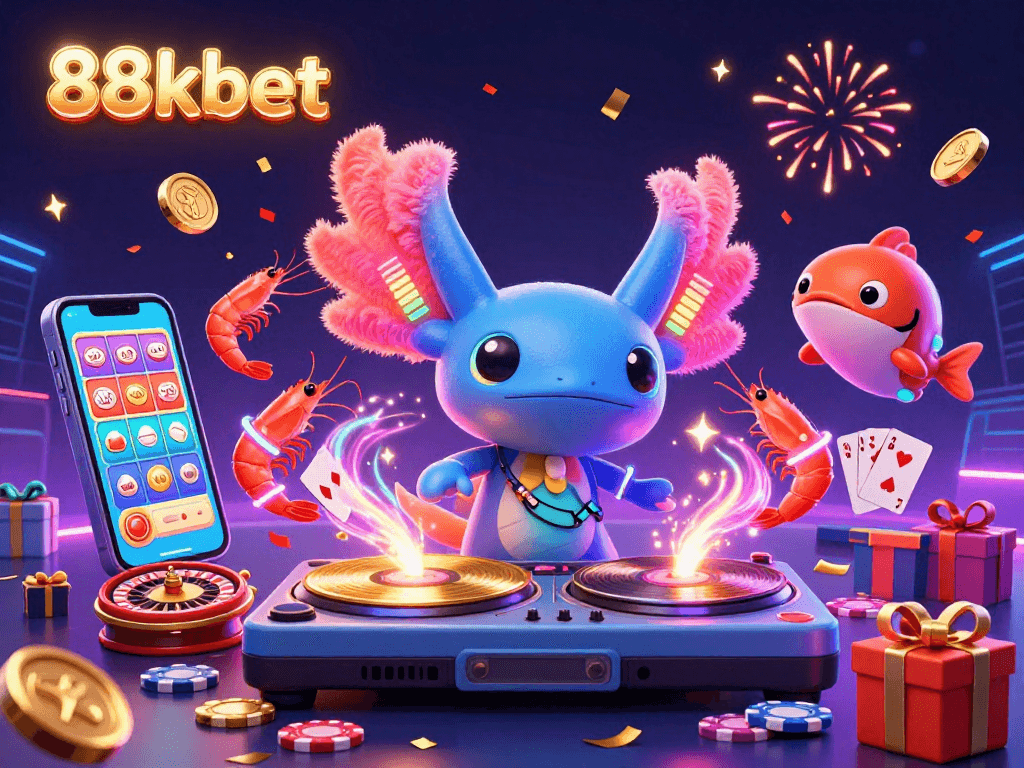 Engage with 88kbet's vibrant 3D casino scene featuring an animated DJ, slot games, and festive elements.