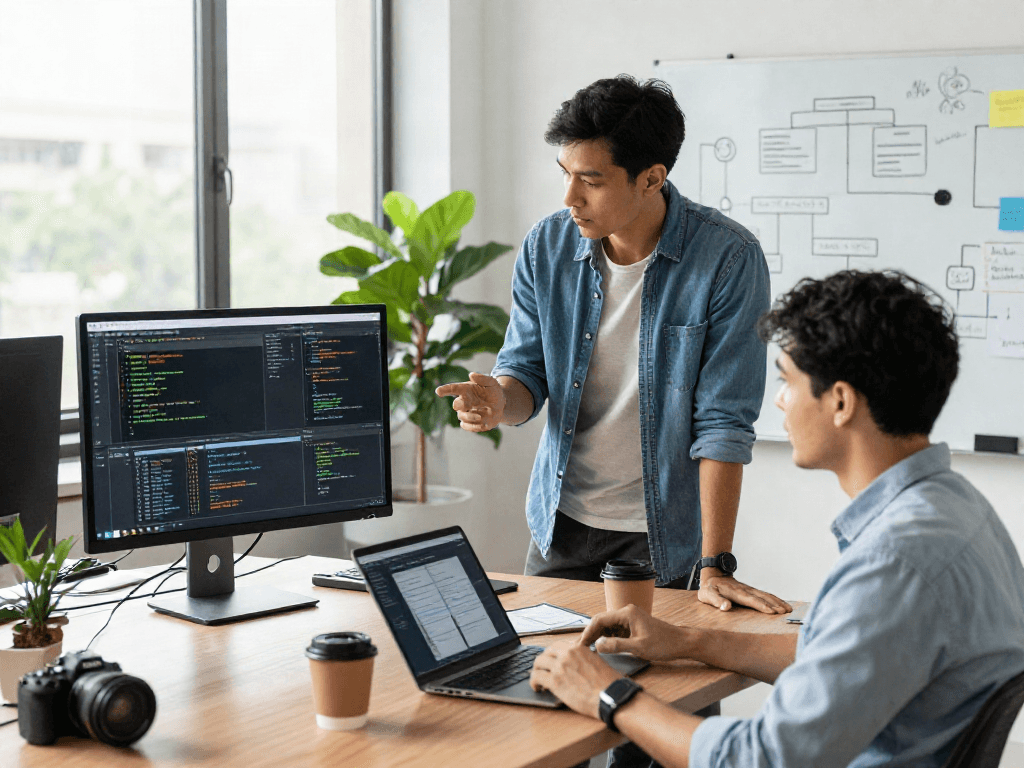 Crushon tech workspace with software developer collaborating on innovative solutions.