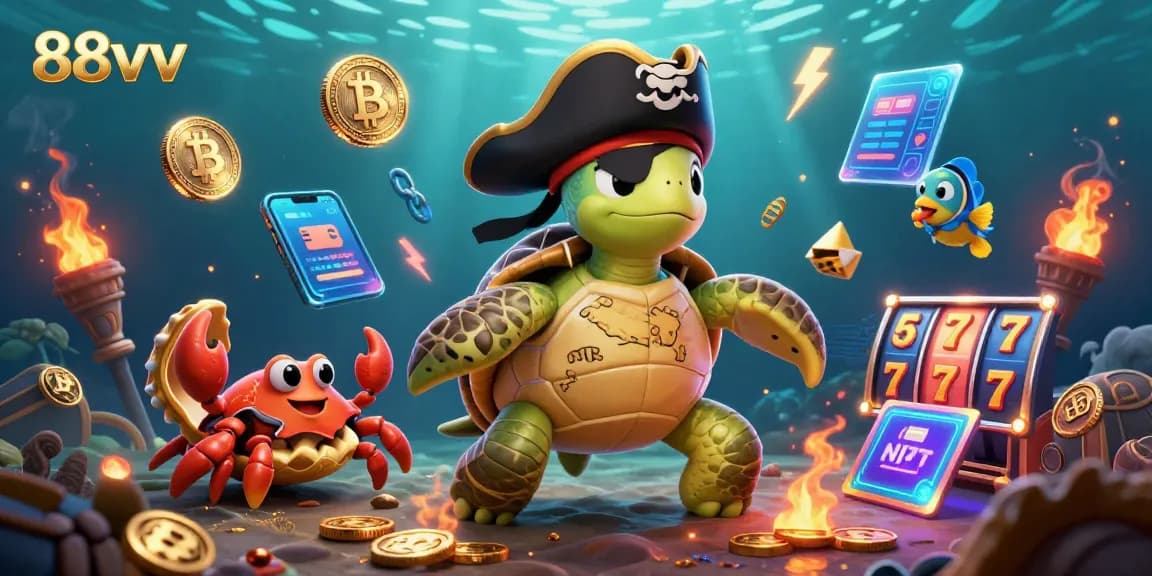 Engage with 88vv's vibrant underwater casino world featuring a pirate turtle and floating treasures.