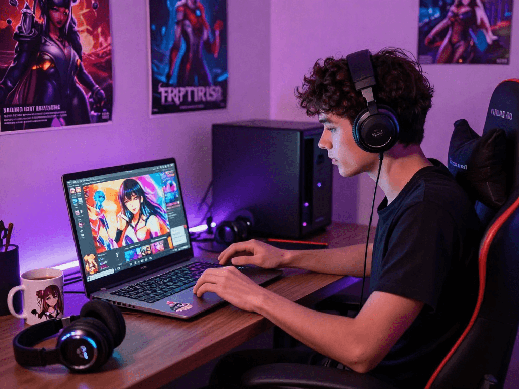Engaging hentai AI chat experience on a colorful laptop with digital artworks