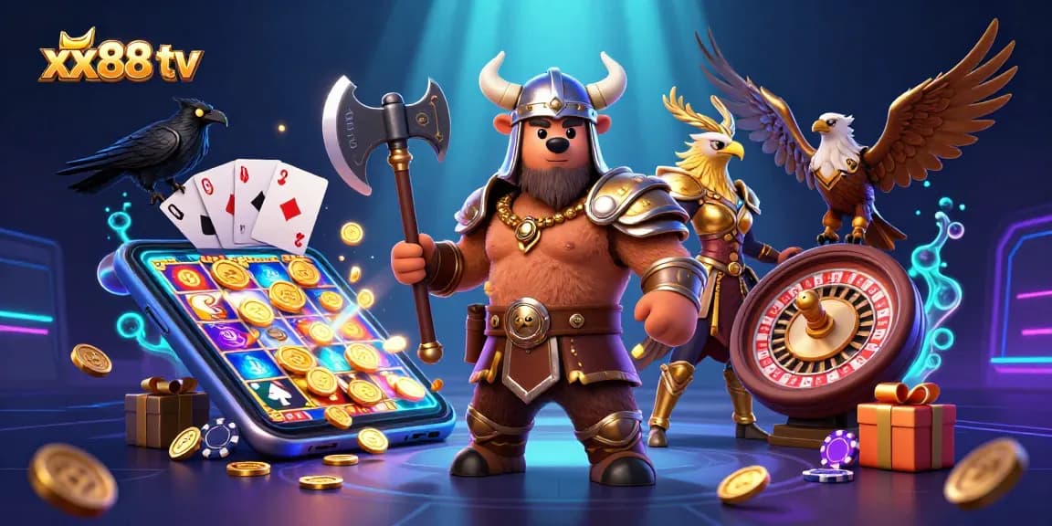 Experience thrilling gameplay at xx88 tv with a vibrant Viking bear, Valkyrie eagle, and casino elements in action.