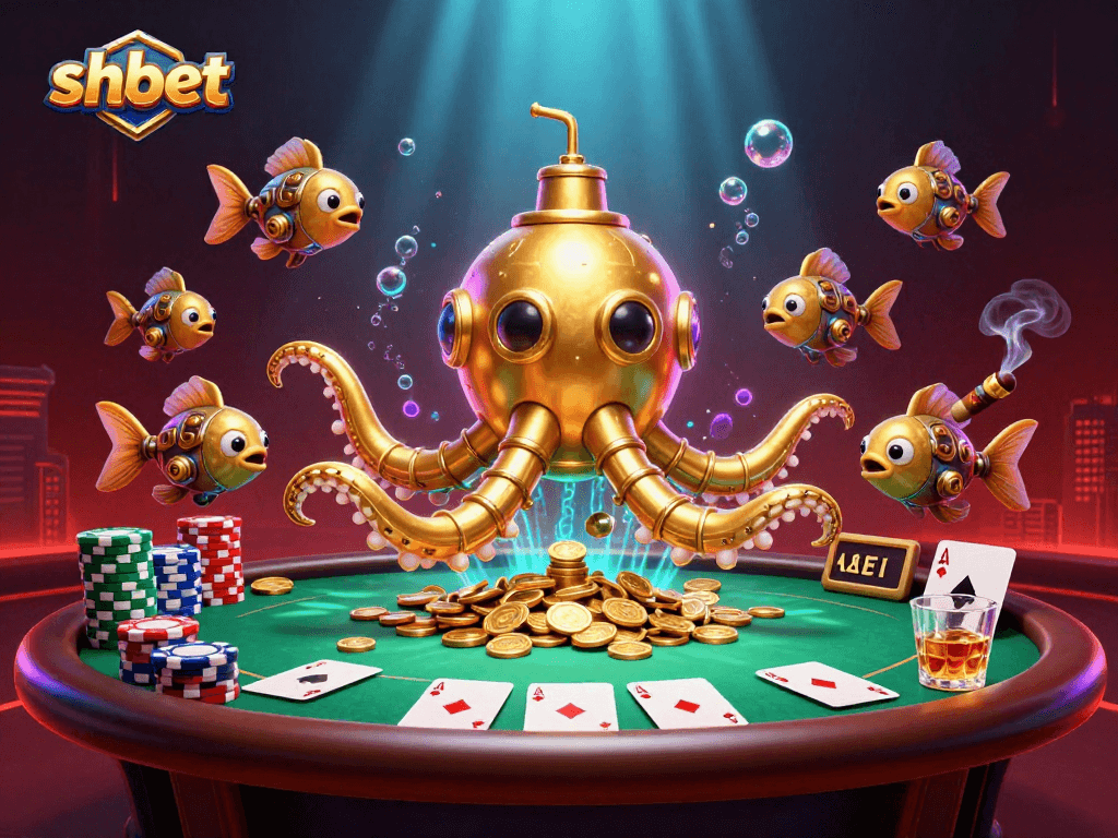 Experience thrilling gameplay at shbet with a vibrant scene of a kraken submarine amid poker chips and cards.