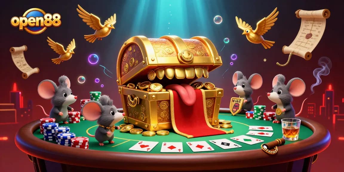 Explore the exciting world of open88 with a rich illustration featuring poker elements and treasure themes.