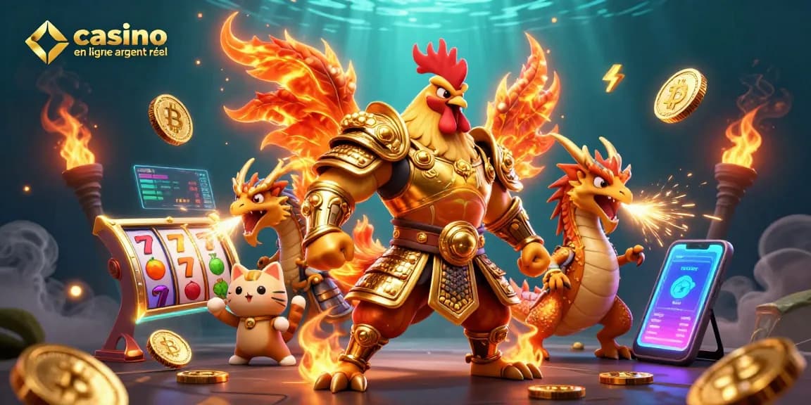 Le combat entre le coq en armure et le dragon dans un casino en ligne argent réel captivant.