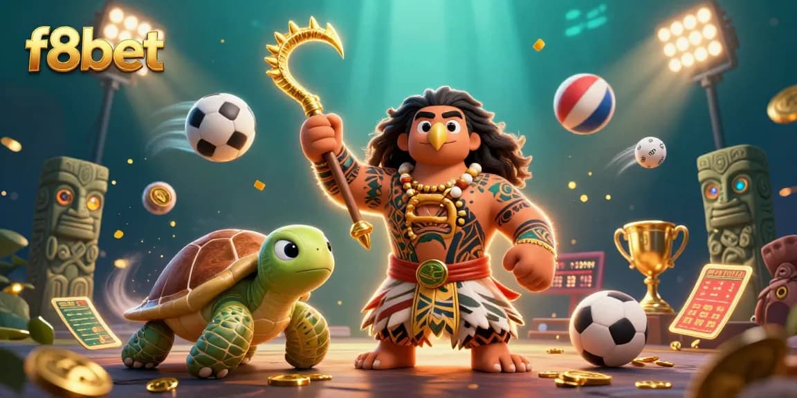 Win big with f8bet in this vibrant 3D illustration of casino excitement featuring hawk, turtle, and sports elements.