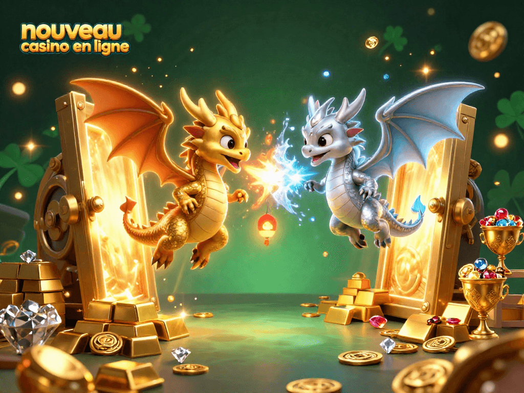 Un nouveau casino en ligne animé par des dragons dorés et argentés sur fond de trésor scintillant.