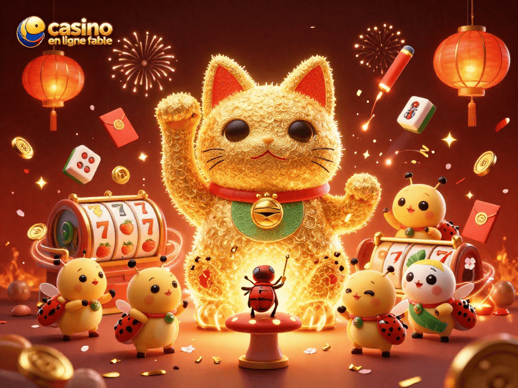 Jouez à des jeux sur un casino en ligne fiable avec des symboles de chance dans une illustration captivante.