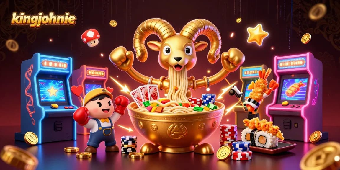 Engage with kingjohnnie's vibrant gaming adventure featuring a ramen bowl dealer amidst colorful casino elements.