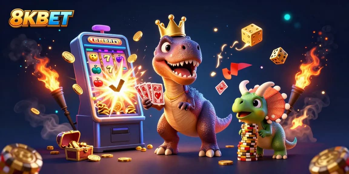 Experience the thrill of 8KBET with a dynamic casino scene featuring a T-Rex, cards, and a jackpot!
